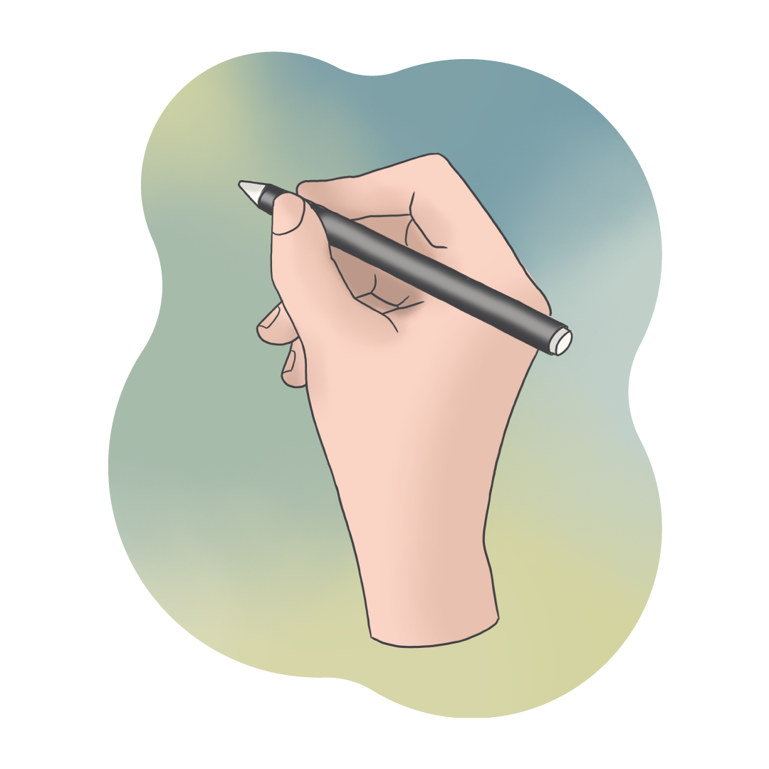 A graphic of a hand holding a pen.